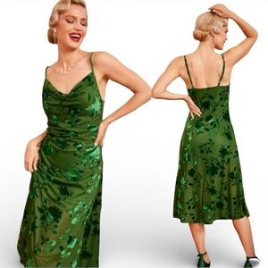 RETRO STAGE Cocktail Slip Dress Green Velvet Burnout
